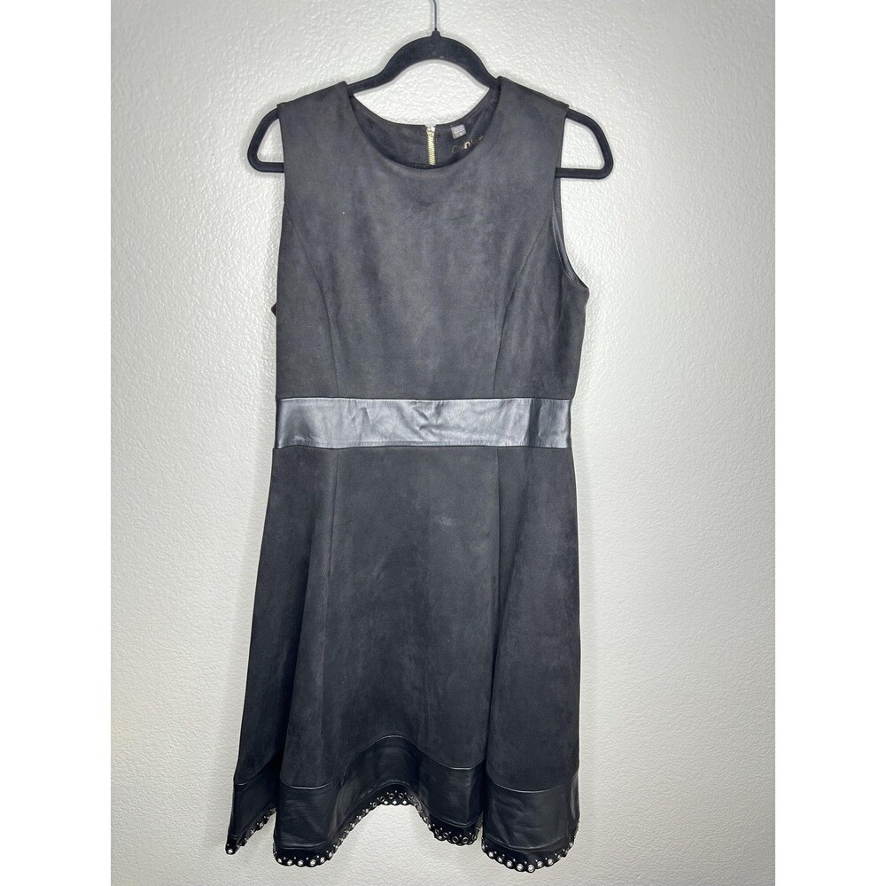 Calvin Klein Dress Womens 12 Black Fit & Flare Faux Leather Trim Grommet Hem